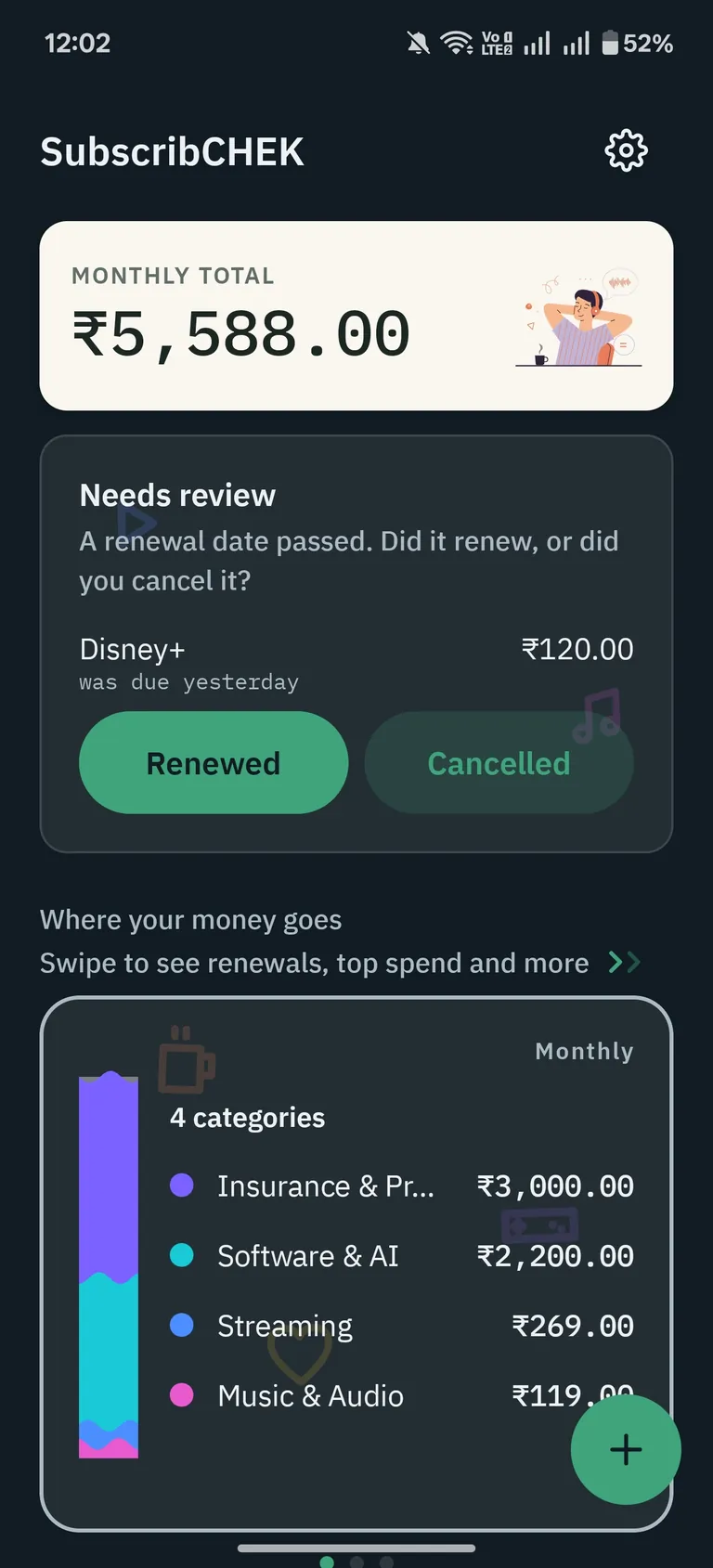 SubscribCHEK Android dashboard with a needs review renewal prompt