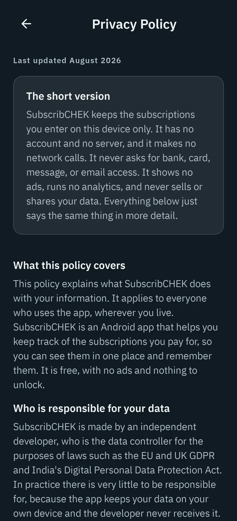 SubscribCHEK Android privacy policy screen describing on-device data storage