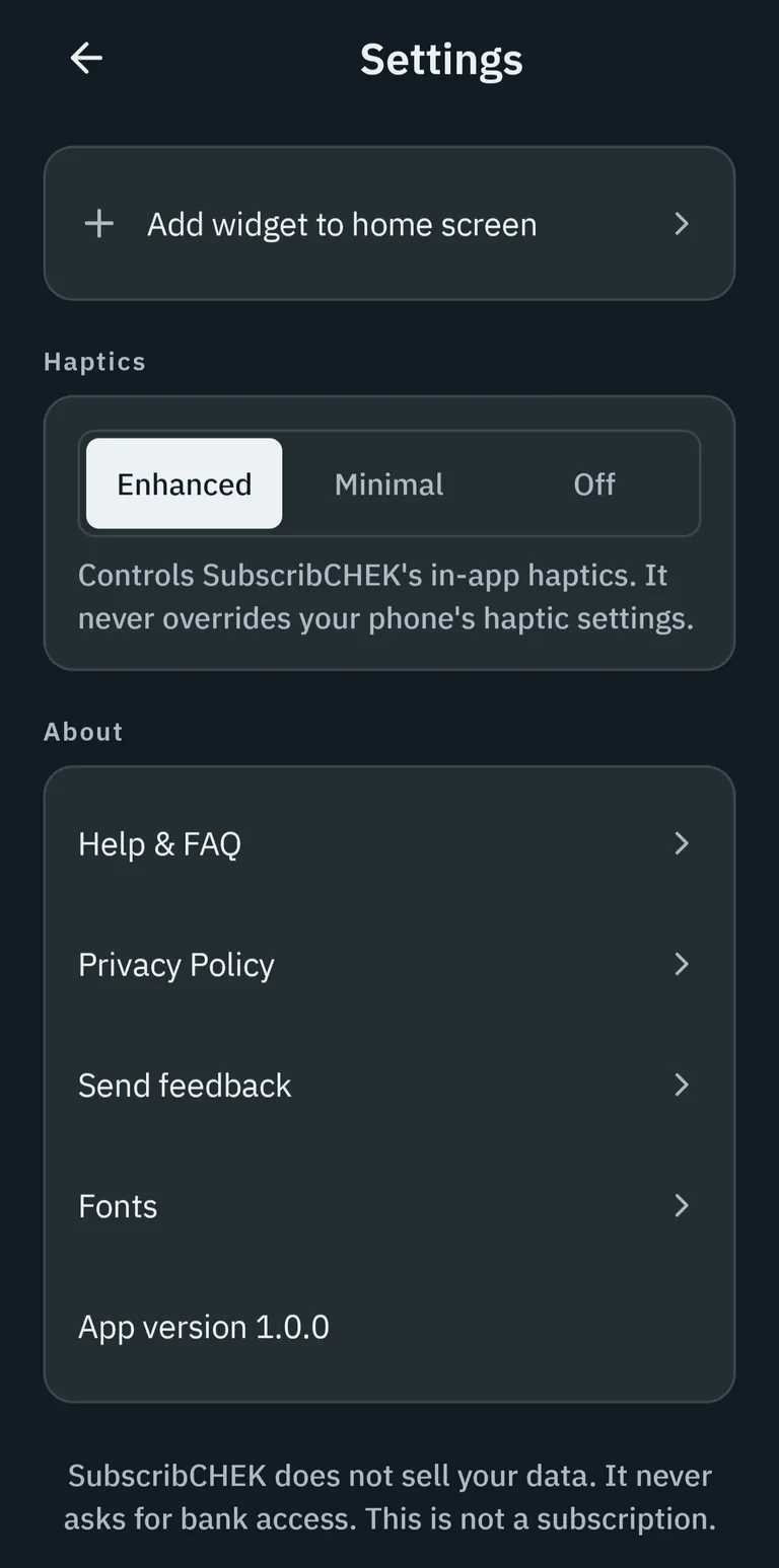 SubscribCHEK Android settings screen with the add widget to home screen option