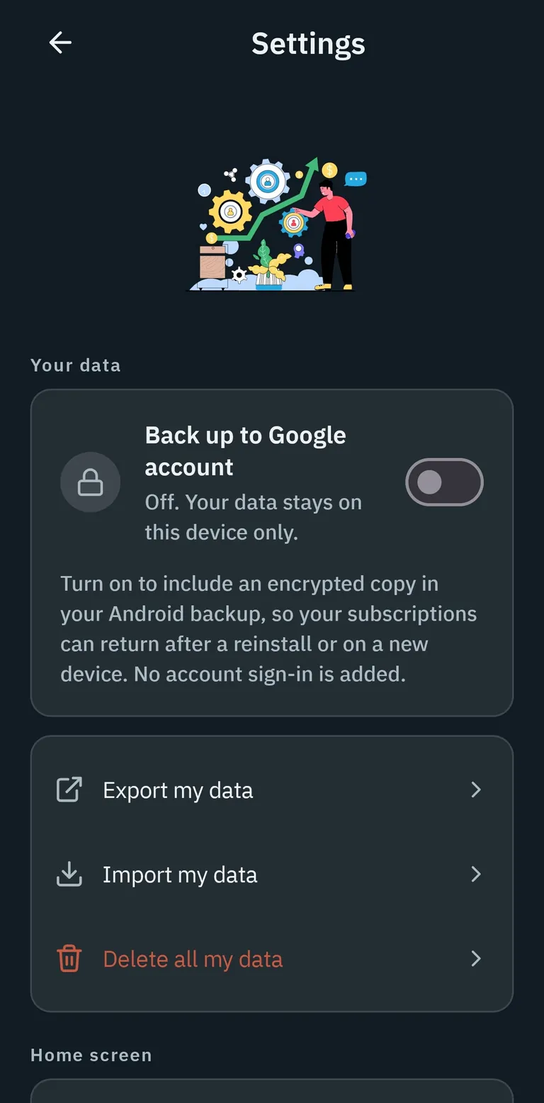 SubscribCHEK Android settings showing opt-in Google backup, export, import, and delete controls