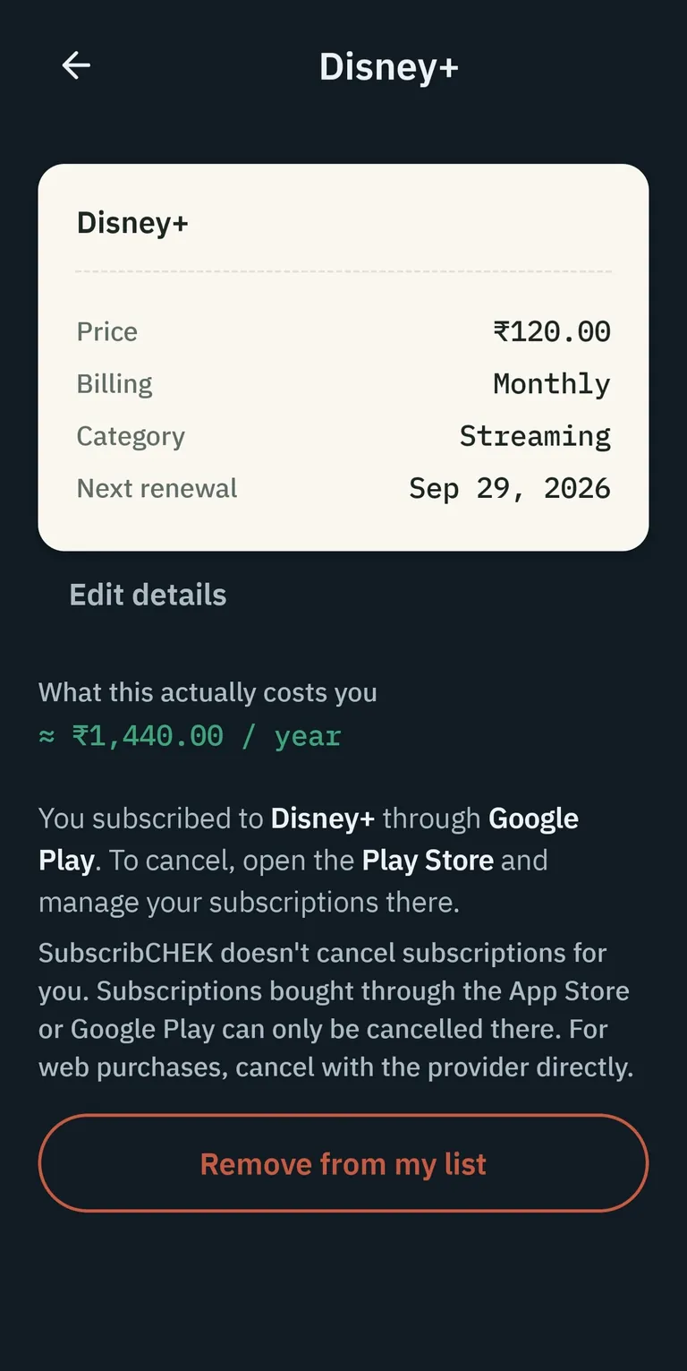 SubscribCHEK Android Disney Plus subscription detail with yearly total and provider cancellation guidance