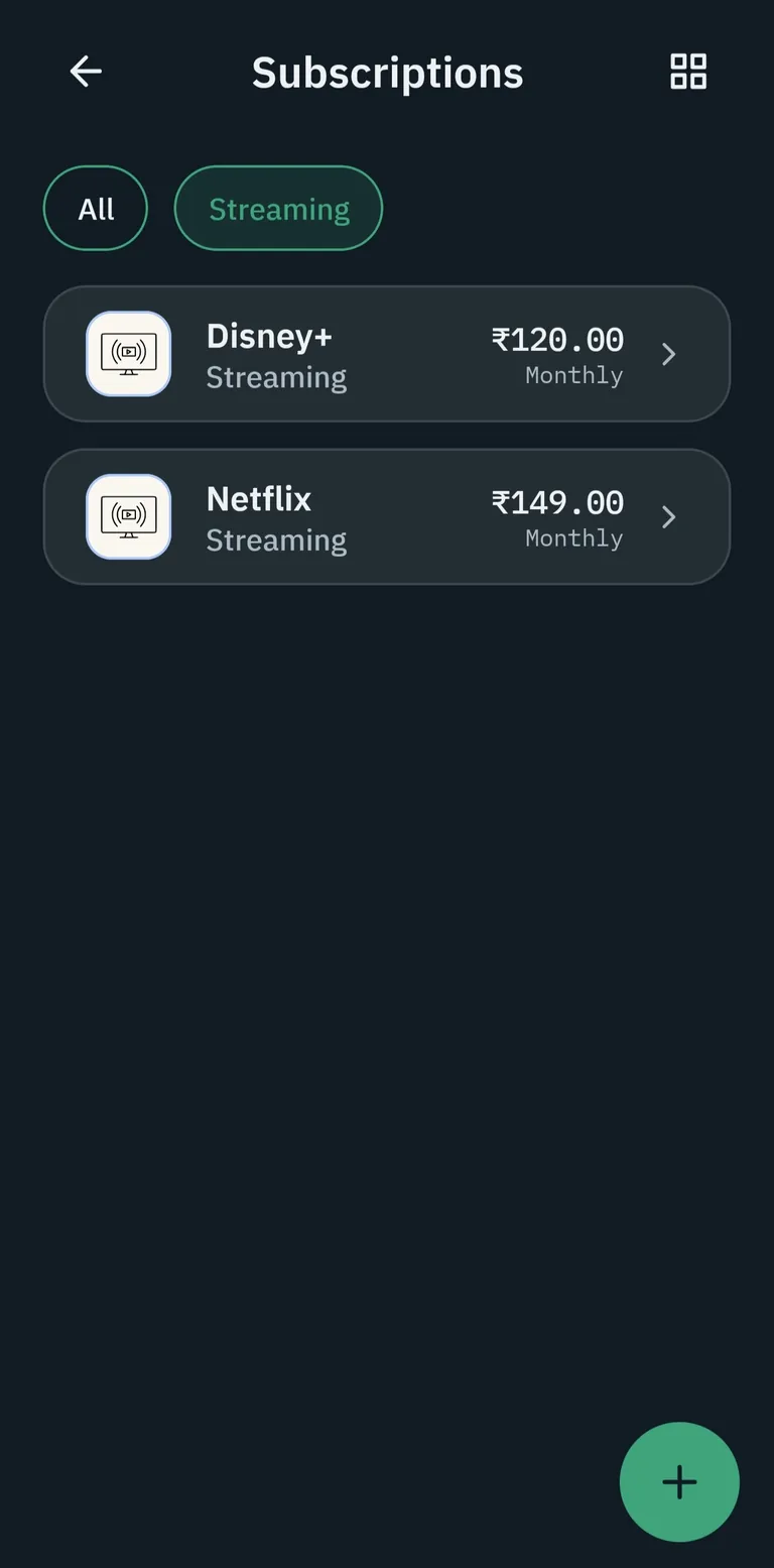 SubscribCHEK Android subscriptions list filtered to streaming services