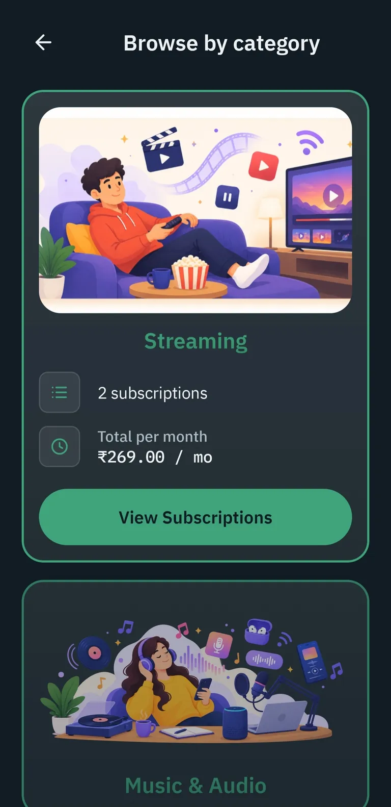 SubscribCHEK Android browse by category screen with streaming and music categories