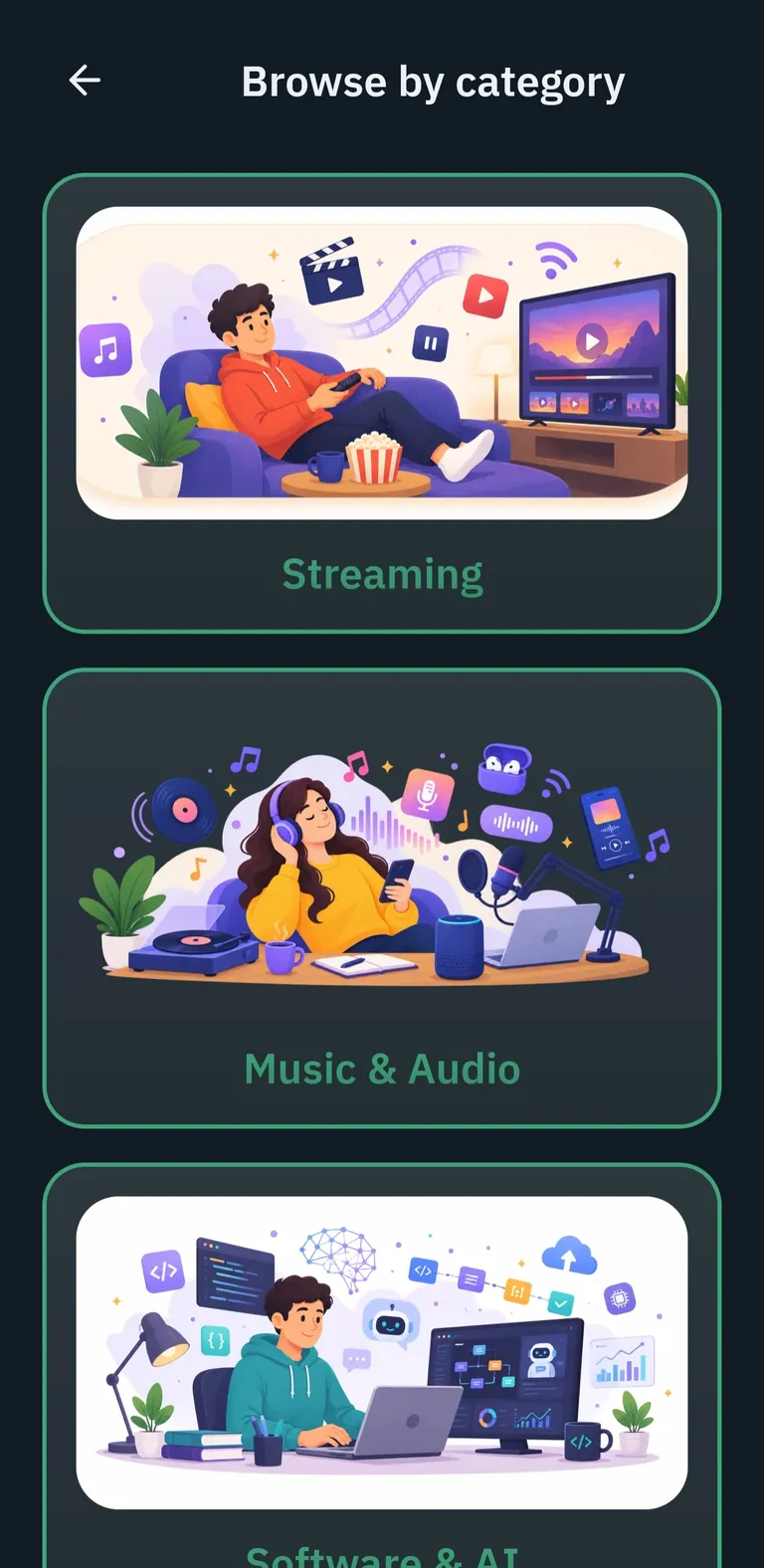 SubscribCHEK Android browse by category screen with streaming, music, and software categories